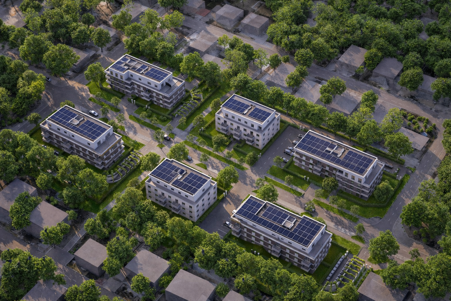 Aerial view of the Teltow quarter with 6 buildings